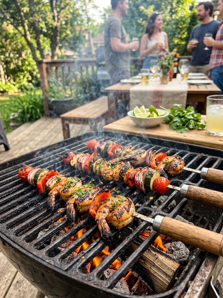 Grilling shrimp skewers with vegetables