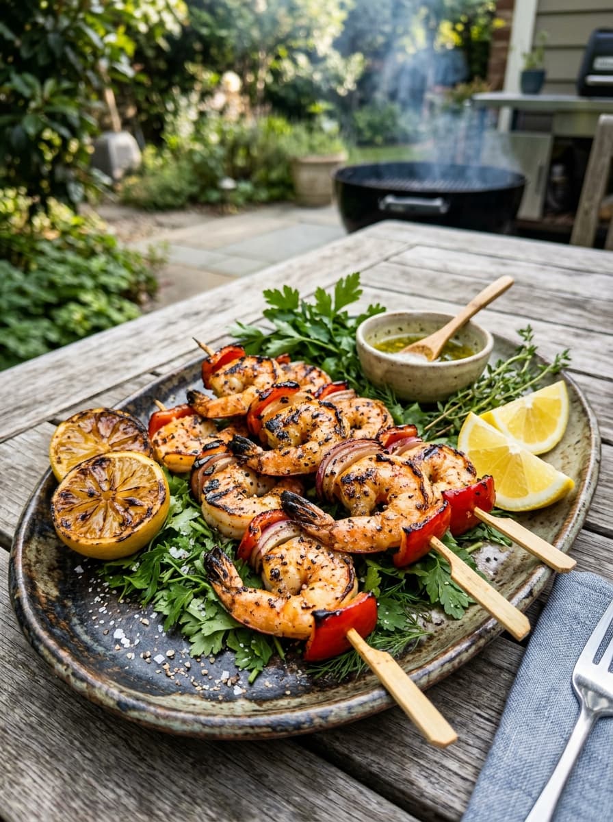 Shrimp skewers on a platter