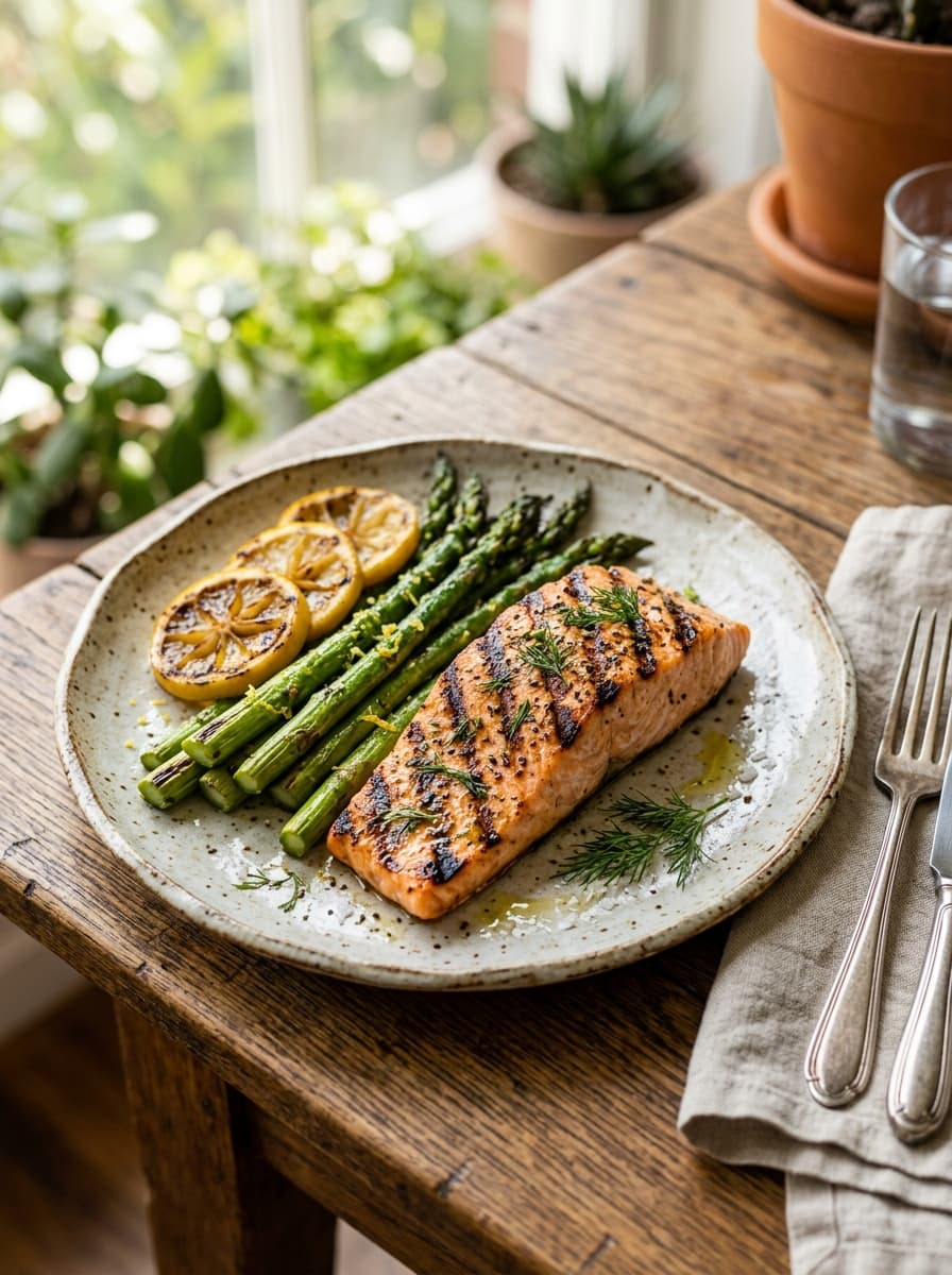 Wood-grilled salmon with asparagus