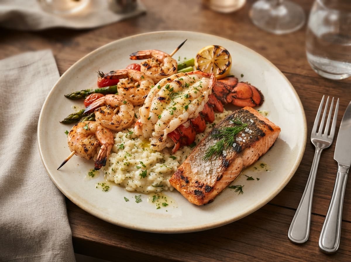 Grilled Lobster, Shrimp and Salmon**