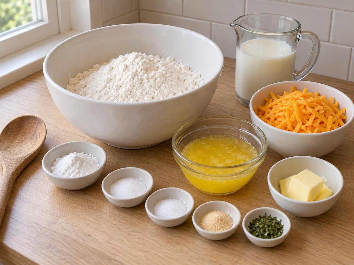 Flour, shredded cheddar, milk, melted butter and the dry seasonings measured out in bowls