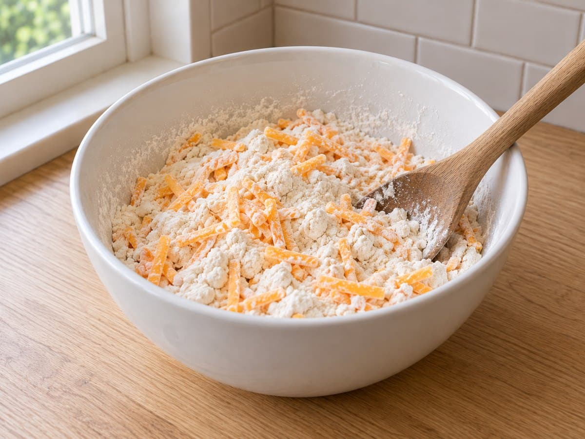 Flour and shredded cheddar tossed together in a white mixing bowl