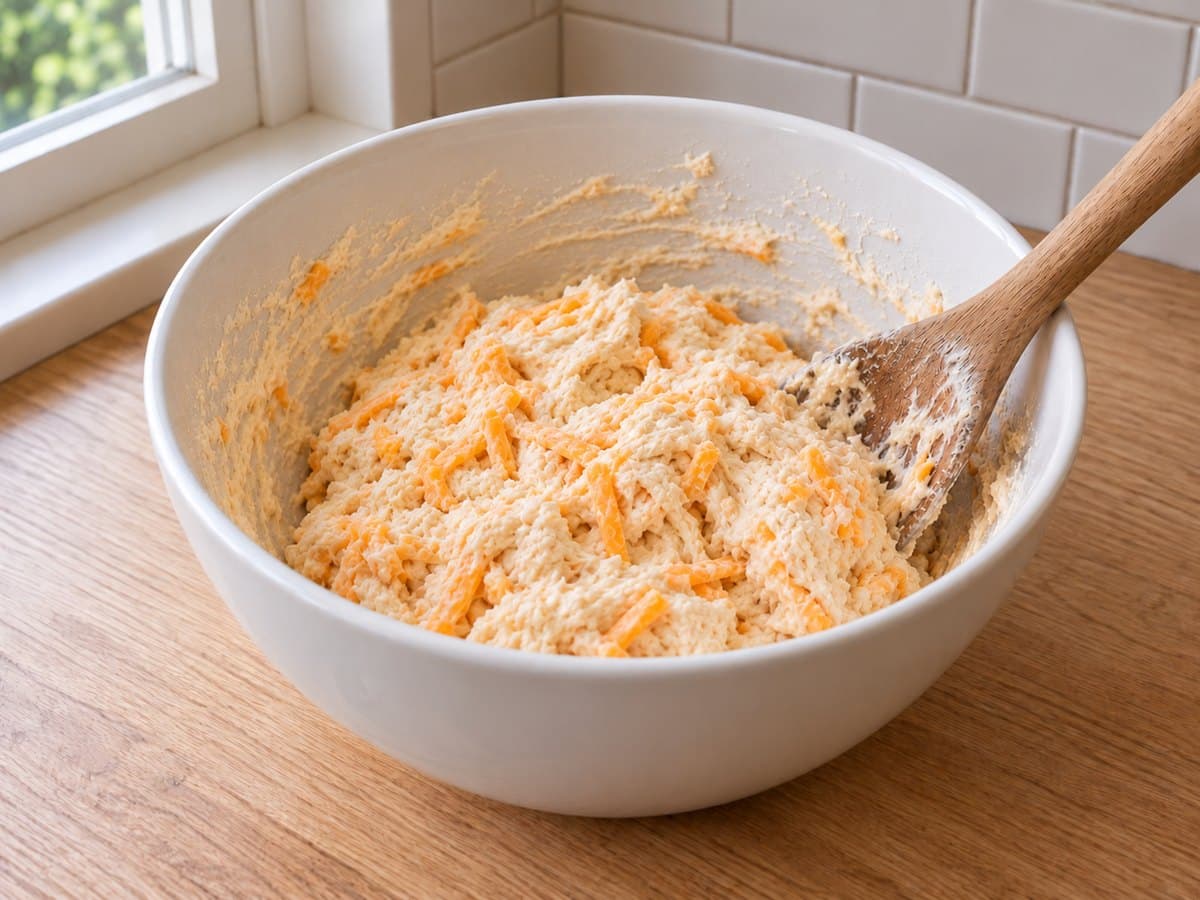 Soft, sticky biscuit dough with flecks of cheddar in the mixing bowl
