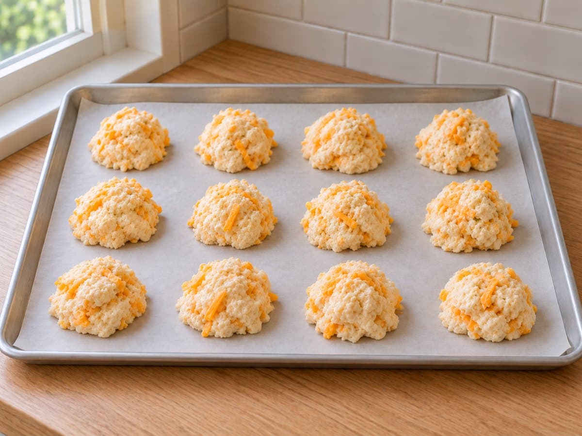 Twelve rough mounds of biscuit dough on a parchment-lined baking sheet