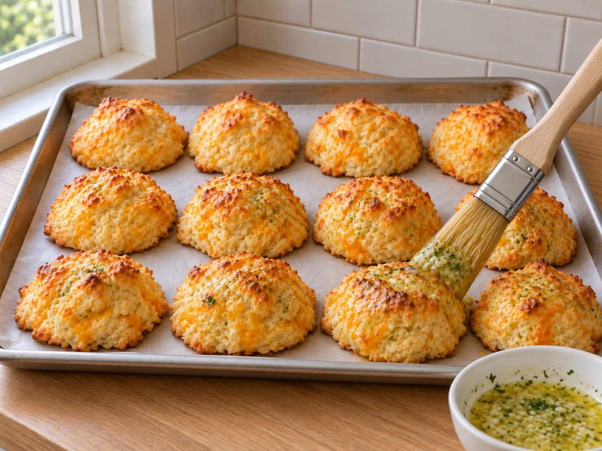 Brushing garlic and parsley butter over the warm biscuits