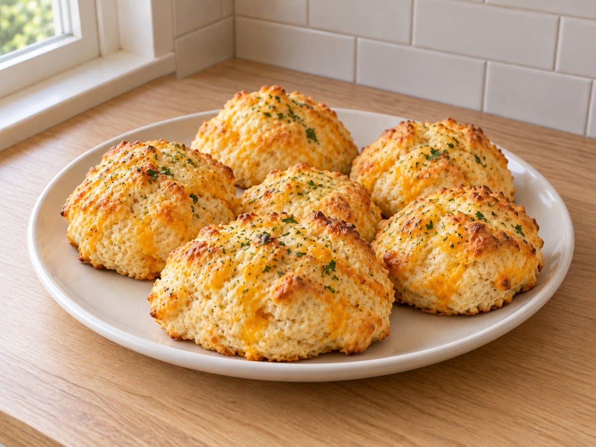 A plate of finished Cheddar Bay style biscuits