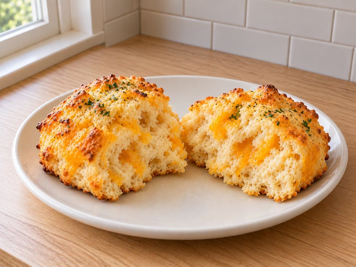 A biscuit split open to show a tender crumb with pockets of melted cheddar